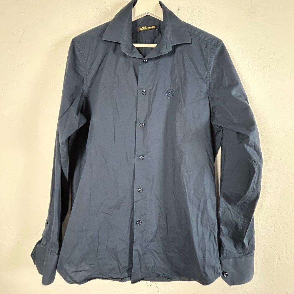 Roberto Cavalli Mens Long Sleeve Button-Up Dress Shirt Size 15 33/34 Medium Navy